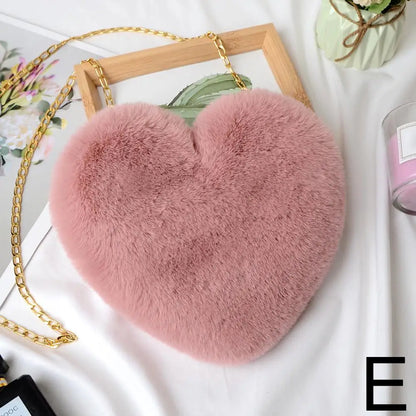 Fashion Women's Heart Shaped Handbags Cute Kawaii Faux Fur Crossbody Bags Wallet Purse Plush Chain Shoulder Bag Lady Handbag