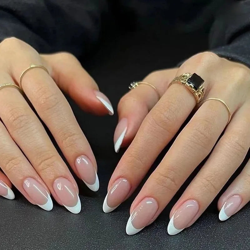 24Pcs Press on Fake Nails Short Medium French Acrylic Full Cover False Nail With Glue Kit Mini File Manicure for Women and Girls