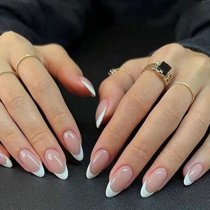 24Pcs Press on Fake Nails Short Medium French Acrylic Full Cover False Nail With Glue Kit Mini File Manicure for Women and Girls
