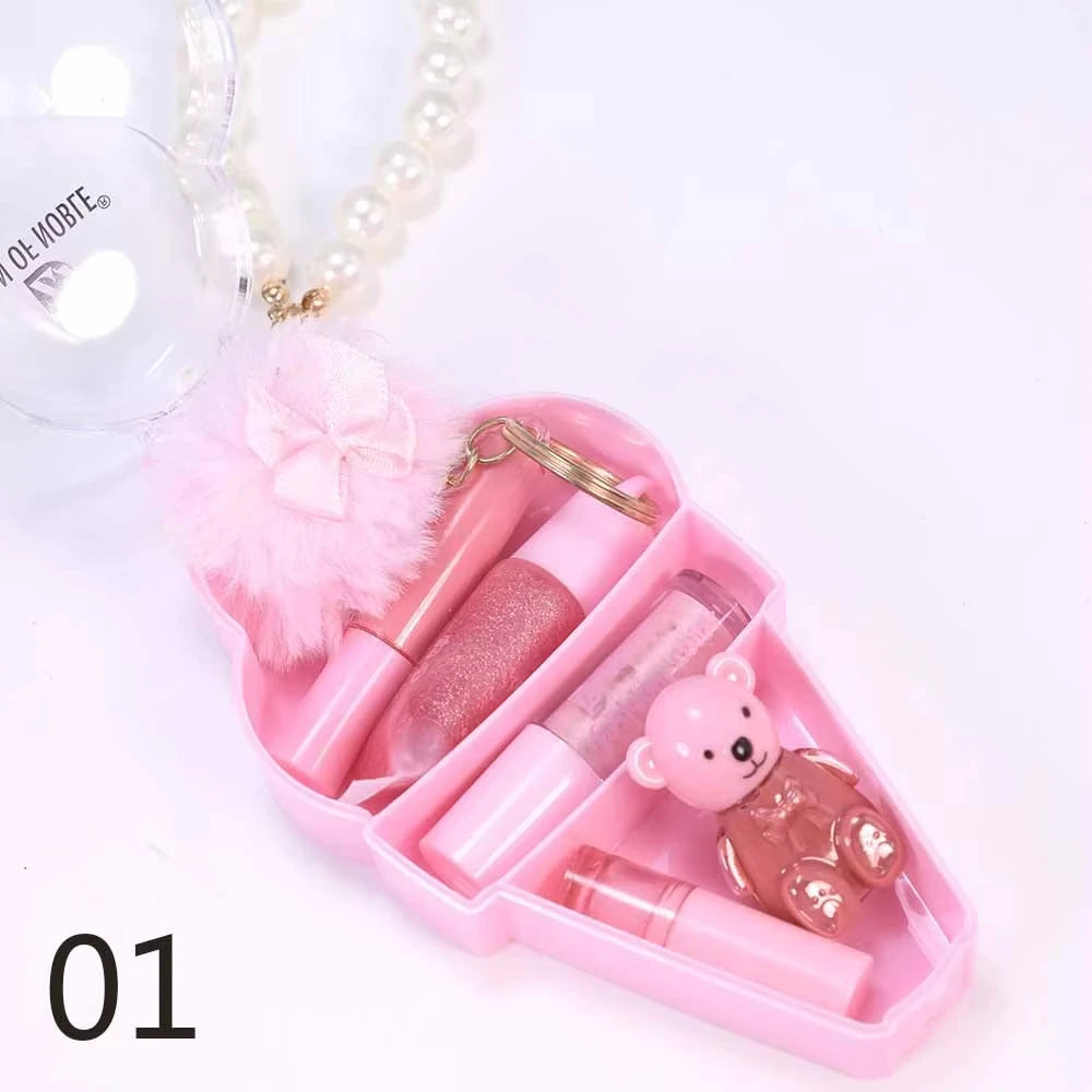 Cute Ice Cream Bear Lip Gloss Set Keychain Lip Gloss Waterproof Longlasting Girls Lips Makeup