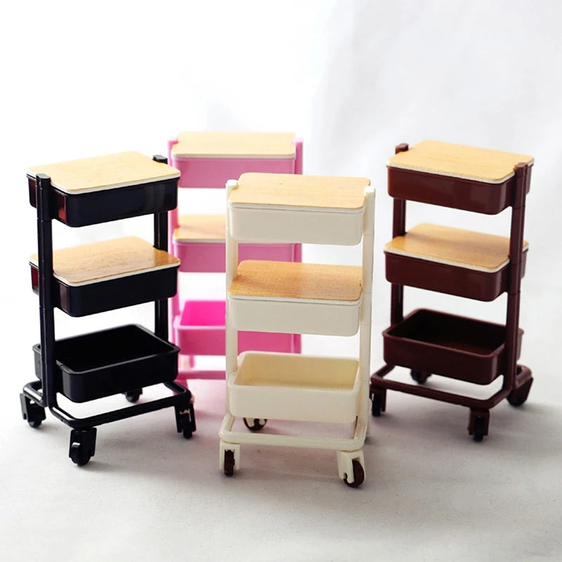 Storage Display Shelf Bookshelf Furniture Model Decor Toy 1Set 1:12  Dollhouse Miniature Trolley Dining Cart with Wheels