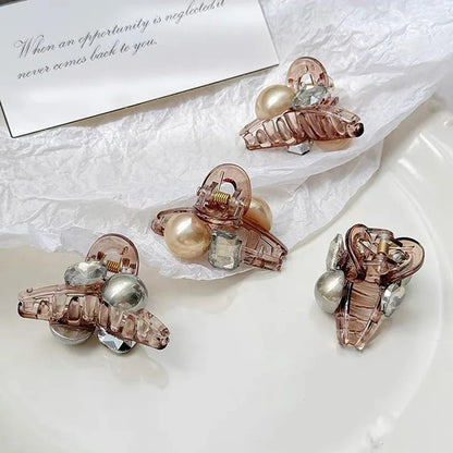 Luxury Rhinestone Pearl Hair Claws Mini Size Cross Shark Clip Women Girl Non Slip Plastic Side Barrettes Sweet Hair Accessories