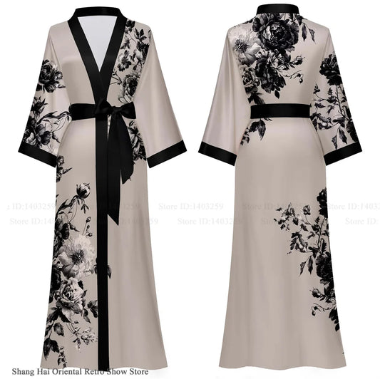 Elegant Print Flower Women Long Robe Loungewear Silky Satin Kimono Bathrobe Gown Spring Autumn New Sleepwear Home Dress Negligee