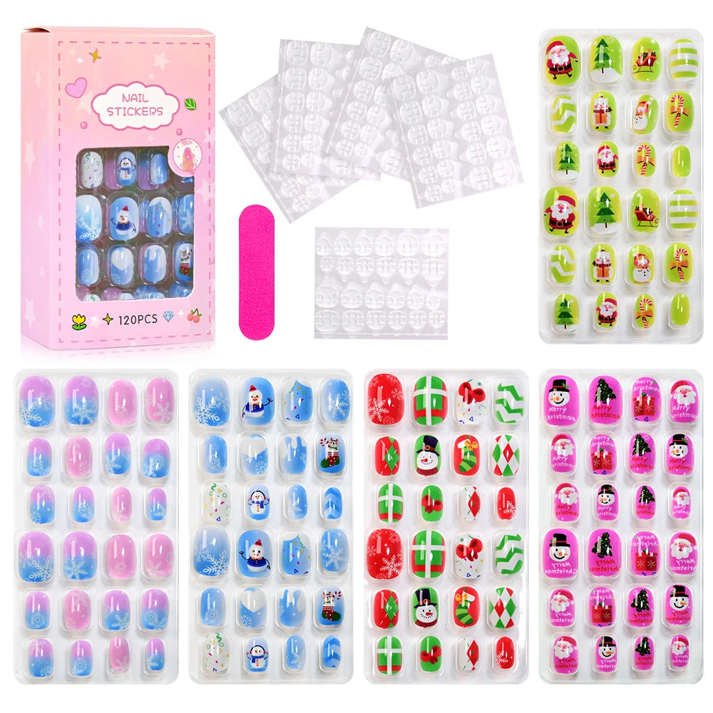 120pc/Box Kid's Christmas Press On Nails Kawaii Cartoon Santa Snowman Xmas Tree Full Cover Acrylic False Nail Kid Christmas gift