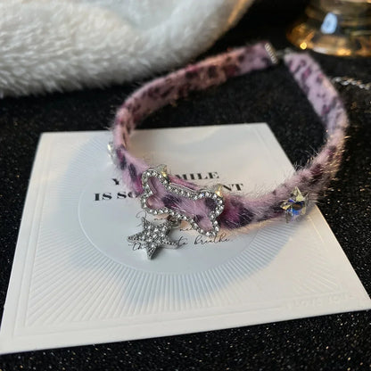 Japanese Y2K Choker Plush Leopard Bone Necklace Fashion Star Pendant Necklace Spicy Girl Sweet Cool Harajuku Party Jewelry Gift
