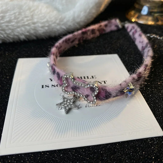 Japanese Y2K Choker Plush Leopard Bone Necklace Fashion Star Pendant Necklace Spicy Girl Sweet Cool Harajuku Party Jewelry Gift