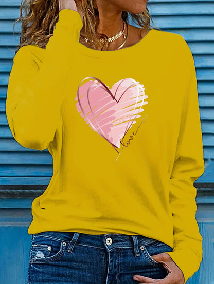 Heart Love Print Crew Neck T shirt Casual Autumn winter top women's long sleeved T-shirt loose comfortable black  white