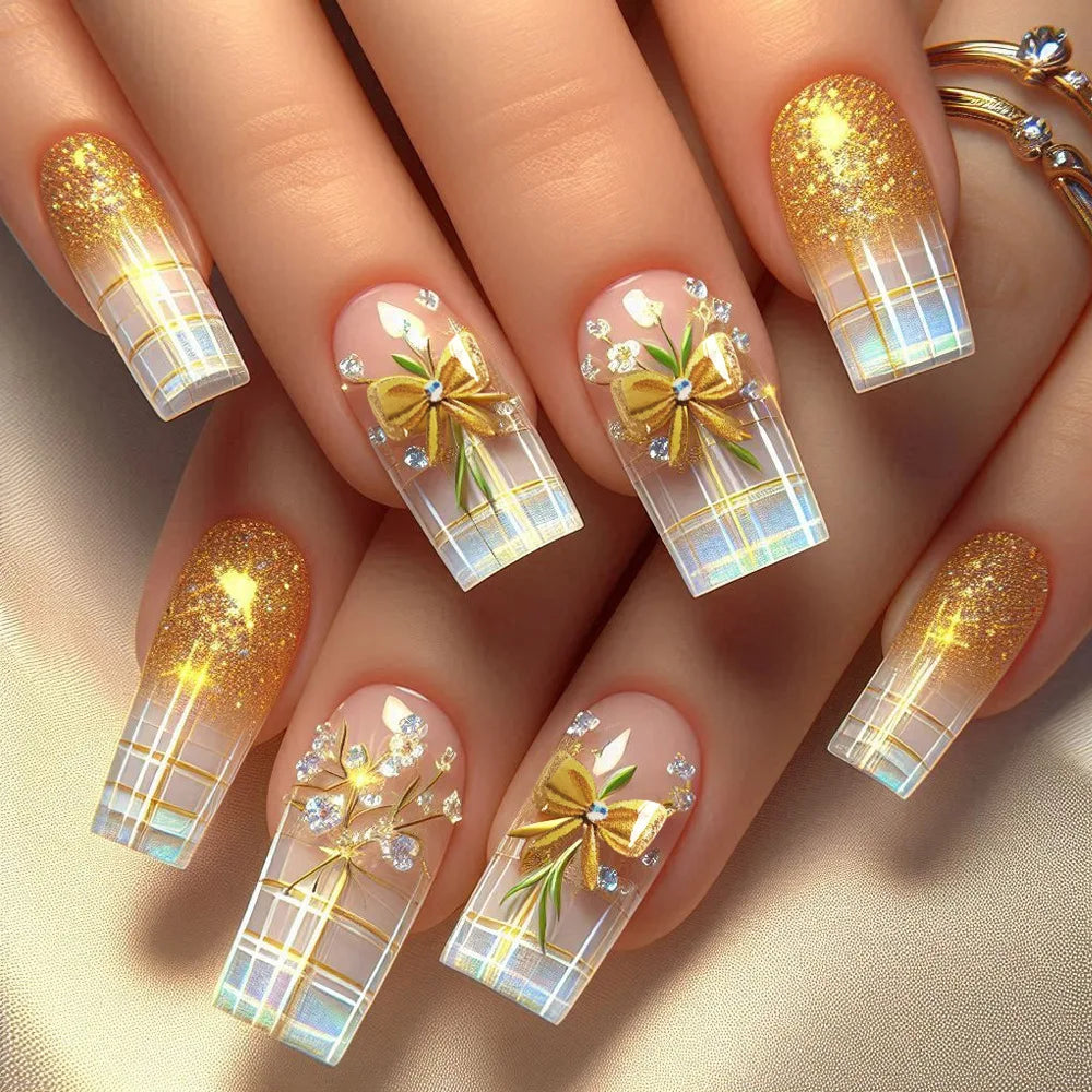 24pcs Golden Stripe Press on Nails Shiny Powder Love Design Long Square False Nails Wearable Full Cover Nail Tips Blue Fake Nail