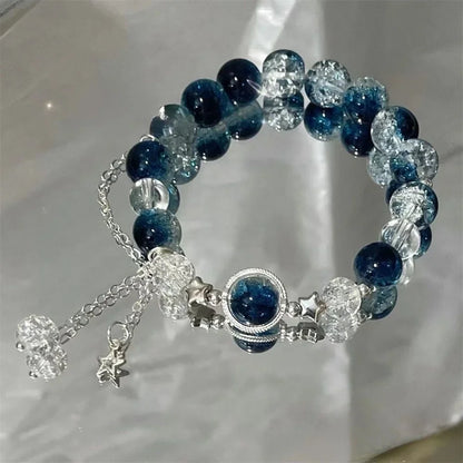Crystal Niche Design Star Chain Tassel Bracelet for Women Fantasy Blue Beads Elastic Rope Bracelet Best Friend Jewelry Gifts