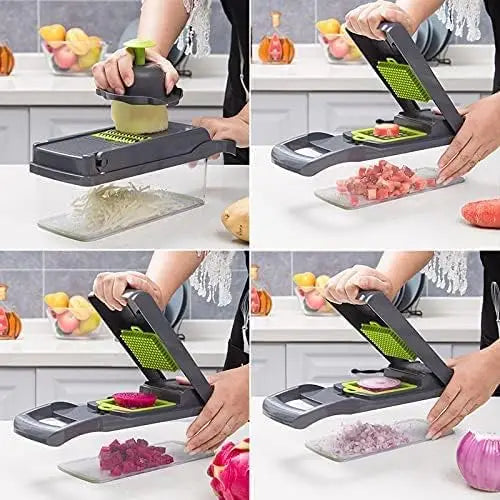 Vegetable Chopper Dicer Set Effortless Onion Tomato Cutter Lemon Squeezer 13 Blades BPA-Free Container Grey Kitchen Essential