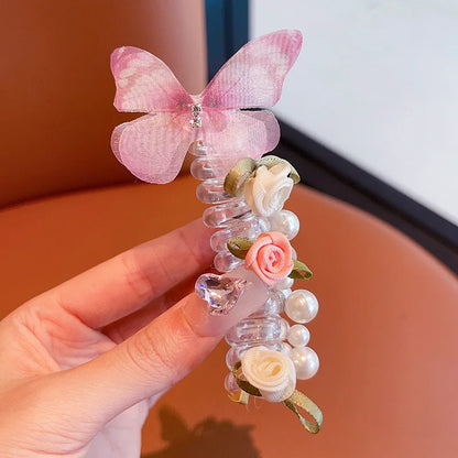 Sweet Butterfly Rose Phone Line Hair Hoop Children's Phone Line Braided Hair Rope Girls' Hair Tie Headwear