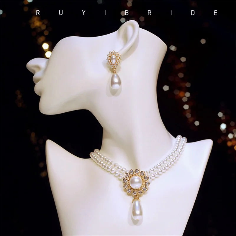 SHMIK Elegant Vintage Palace Full Pearl Pendant Necklace Chains Earrings For Women Lady Classic Exquisite Chorker Chains Jewelry