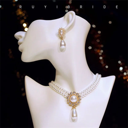 SHMIK Elegant Vintage Palace Full Pearl Pendant Necklace Chains Earrings For Women Lady Classic Exquisite Chorker Chains Jewelry