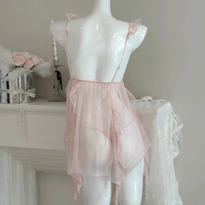 Pure Desire Butterfly Strap Lace Nightgown Breathable Mesh Sleepwear Sweet Tulle Date Night Sleep Suit Comfortable V-neck Sho...