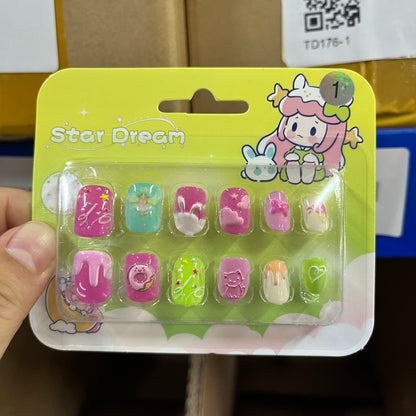 12pcs Cute Kids Dress-Up Fake Nail Girls Press on Nails Princess Pretend Play Toy Nail Tips Self-adhesive Children False Nails *