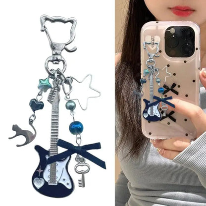 1Piece Y2K Guitar Cat Key Chain For Men Women Pentagram Bow Pendant Fashion Rock Punk Bag Accessories Gift