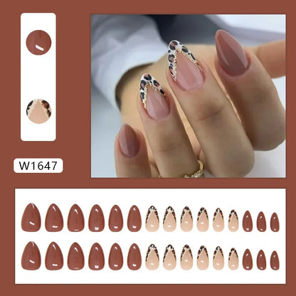 Fresh Green Tea 24 Pcs Fake Nail with Jelly sticker Press on False Nails Wearable Round Head Oval Full Cover Nail Tips