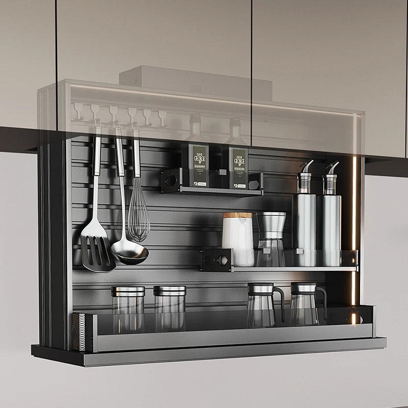 Smart Motorized Pull Down Spice Basket For Kitchen Wall Cabinet With Touch Control Voice Activated And Anti Pinch Safety