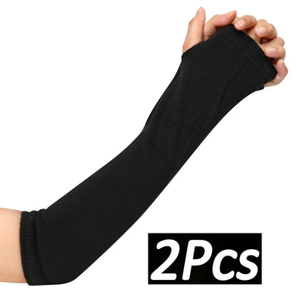 1 Pair Women Arm Warmer Fingerless Long Gloves Knitted Striped Warm Mittens Protection Arm Warmer Half Finger Sleeves