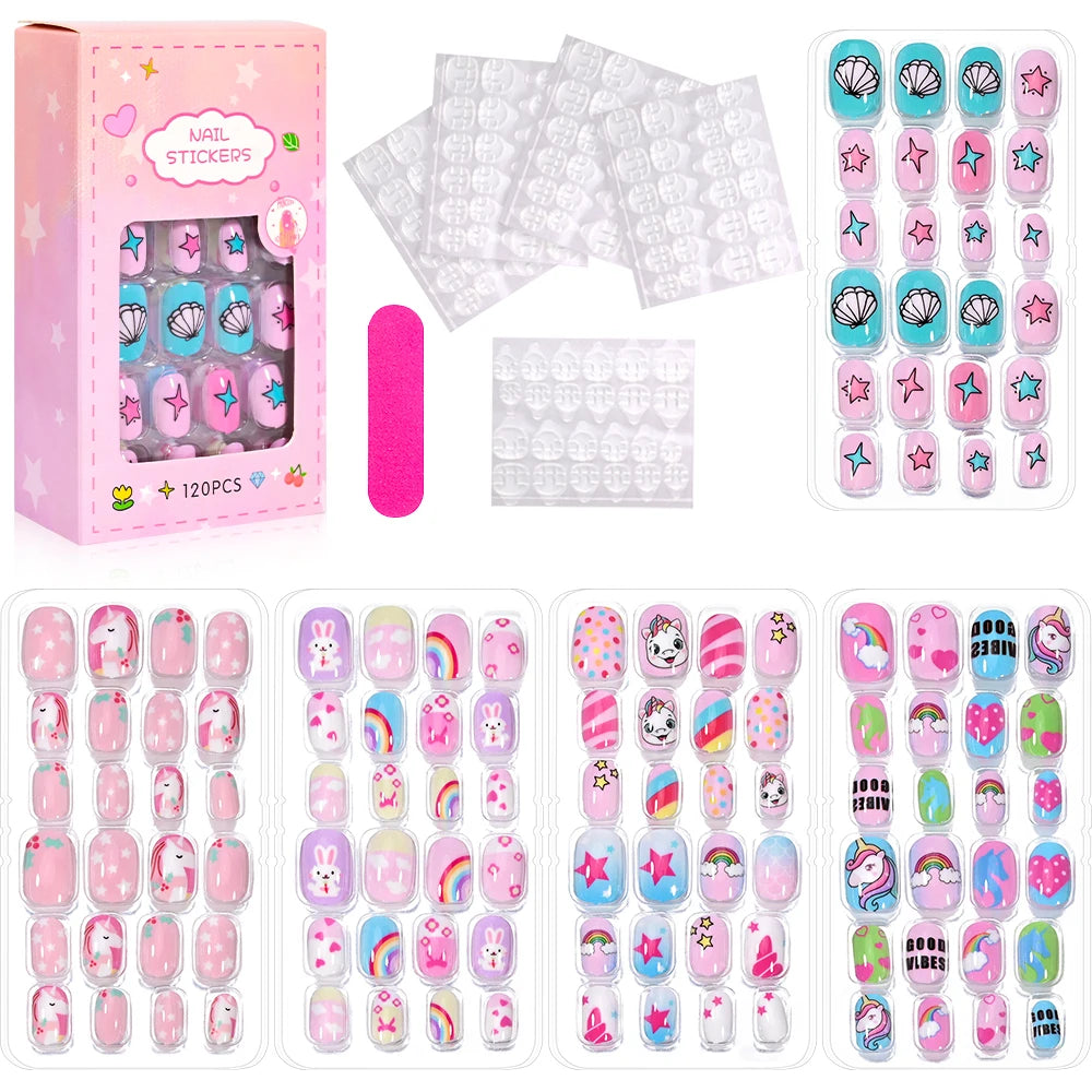 120pc/Box Kid's Christmas Press On Nails Kawaii Cartoon Santa Snowman Xmas Tree Full Cover Acrylic False Nail Kid Christmas gift