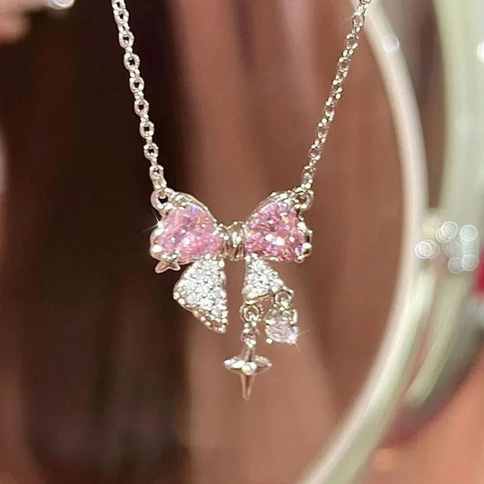 Fashion Fairy Pink Crystal Bow Knot Pendant Necklaces Y2K Girls Sweet Rhinestone Heart Clavicle Chain Women Jewelry Gifts