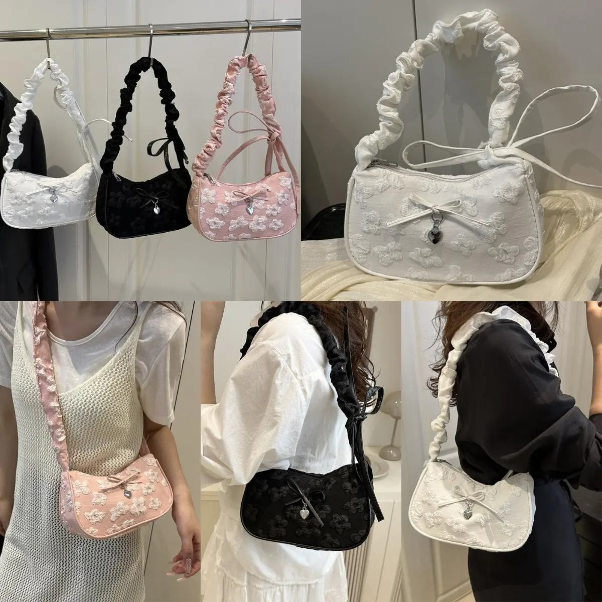 Chic Crescent Bag for Women with Bow Floral Print Pleated Design Trendy Crossbody Bag Sweet Girl's Luxurious Commuter Handbag