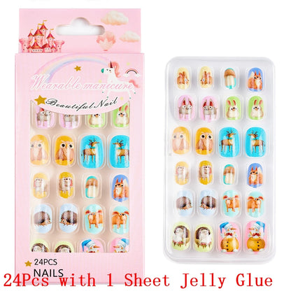 12pcs Cute Kids Dress-Up Fake Nail Girls Press on Nails Princess Pretend Play Toy Nail Tips Self-adhesive Children False Nails *