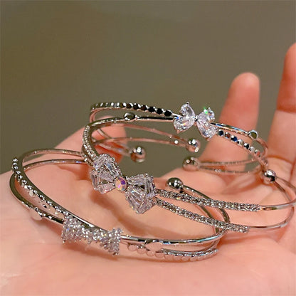 New Fashion Luxury Sweet Bow Zircon Silver Color Copper Open Bracelets for Women Shiny Full of Rhinestone Jewelry Party Gift