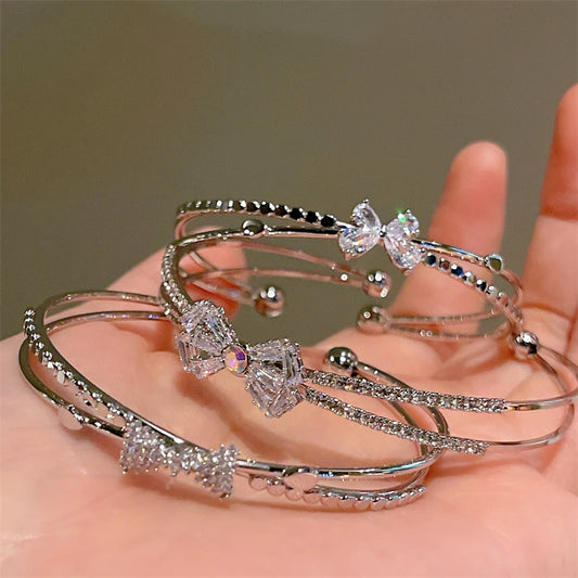 New Fashion Luxury Sweet Bow Zircon Silver Color Copper Open Bracelets for Women Shiny Full of Rhinestone Jewelry Party Gift