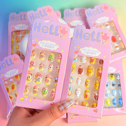 24PC/Box Children's Press On Nails With Jelly Glue Girl's Colorful Cartoon Full Cover Bear Bunny Cat Pattern Fake Nail FalseNail