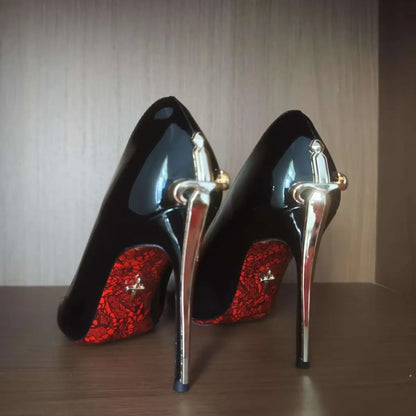 Metallic Dagger High Heel Pointed Toe Women's Shoes Ultra-Finch Skin Printed Red Bottom Comfortable Wear Ultra High Heels
