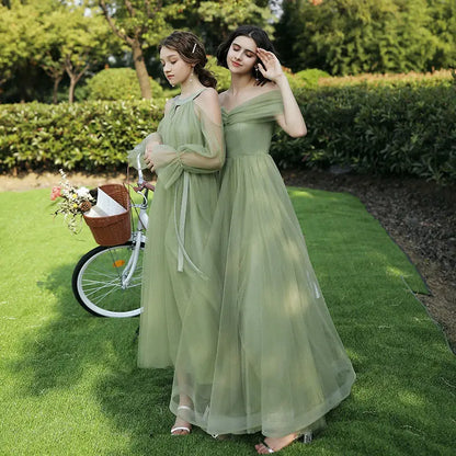 Elegant Green Tulle Bridesmaid Dress Women's Off Shoulder A-Line Evening Gowns Elegant Wedding Party Guest Long Dresses