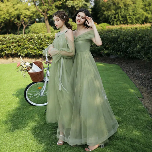 Elegant Green Tulle Bridesmaid Dress Women's Off Shoulder A-Line Evening Gowns Elegant Wedding Party Guest Long Dresses