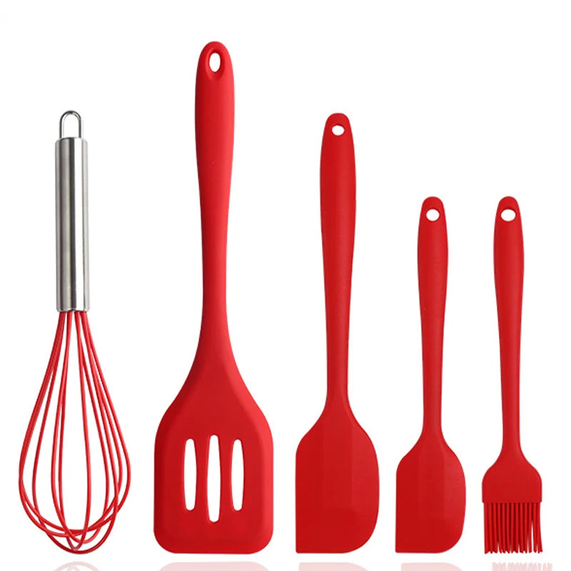 5Pcs Silicone Cooking Utensils Set Non-Stick Silicone Cake Spatula Cooking Shovel Whisk Oil Brush Flexible Kitchen Utensils Sets