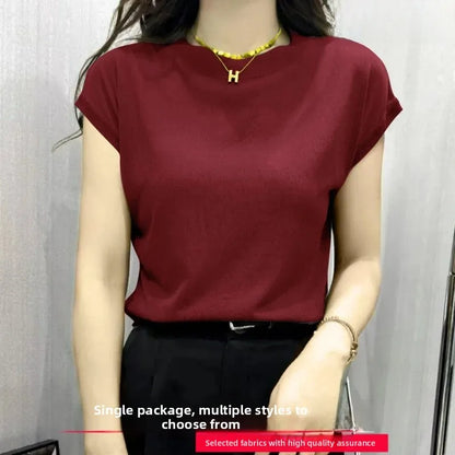 High Elasticity Ice Silk Thread Summer New Loose Women's T-Shirt Short Sleeve Crew Neck Simple Style Pure Color Top