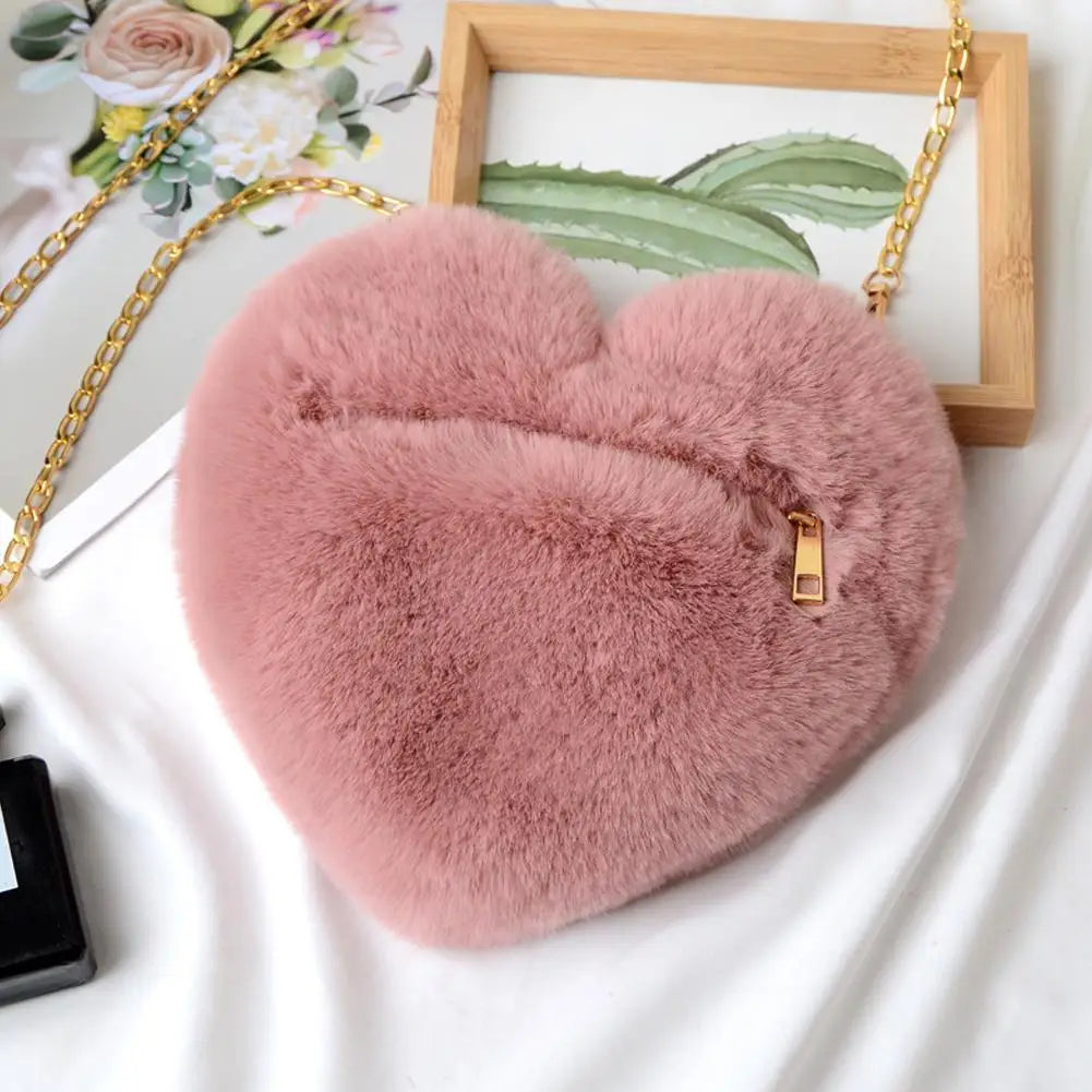 Fashion Women's Heart Shaped Handbags Cute Kawaii Faux Fur Crossbody Bags Wallet Purse Plush Chain Shoulder Bag Lady Handbag
