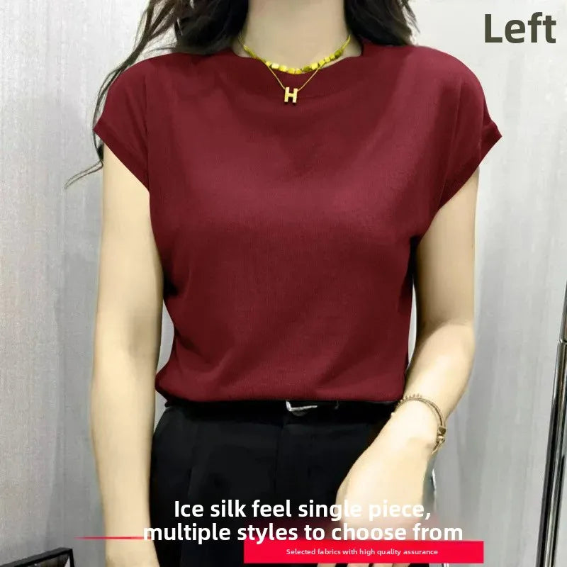 High Elasticity Ice Silk Thread Summer New Loose Women's T-Shirt Short Sleeve Crew Neck Simple Style Pure Color Top
