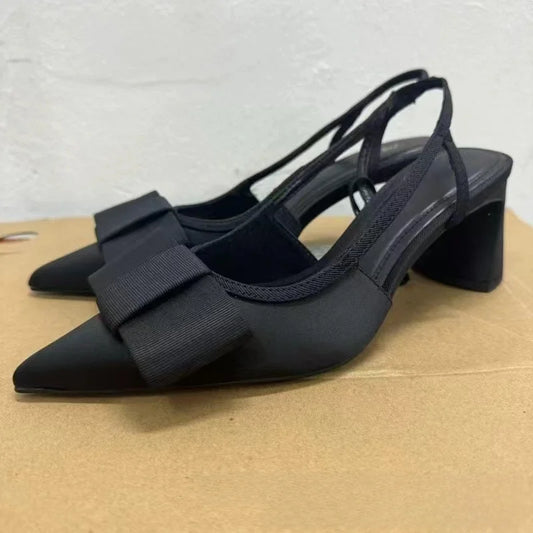 Black Pointed Toe Bow Knot Chunky Heel Women's High Heels Sandals Design Sensation Niche Seasonal New Arrival ZA24