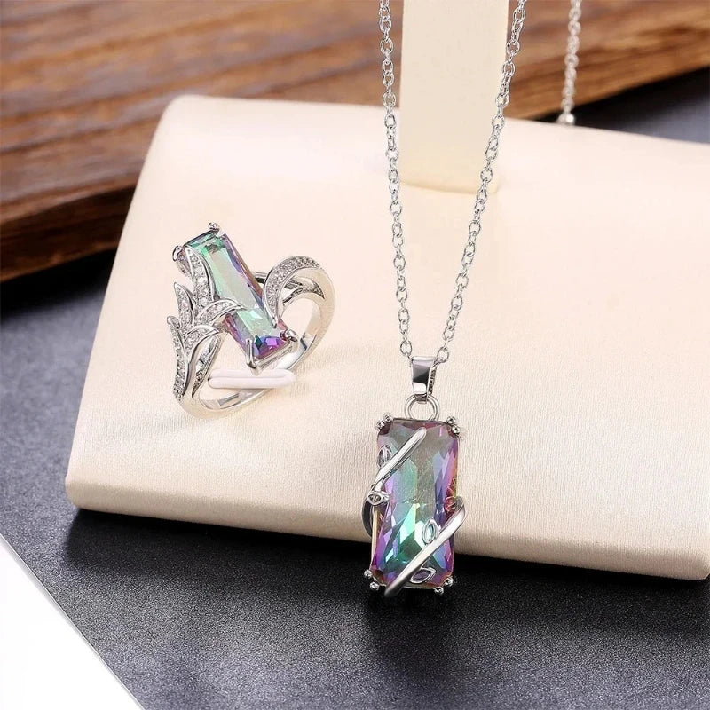 2026 Multicolored Rectangular Stone Ring/Necklace Set Novel Design Anniversary Party Women Jewelry Factory Direct Selling