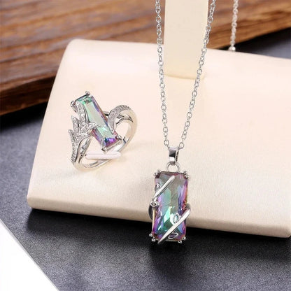 2026 Multicolored Rectangular Stone Ring/Necklace Set Novel Design Anniversary Party Women Jewelry Factory Direct Selling