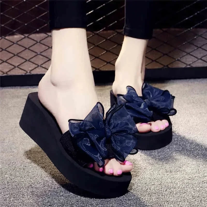 Women Bow Summer Sandals Slipper Indoor Outdoor Beach Shoes Summer Women's Shoes Flip Flops on The Platform