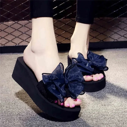 Women Bow Summer Sandals Slipper Indoor Outdoor Beach Shoes Summer Women's Shoes Flip Flops on The Platform