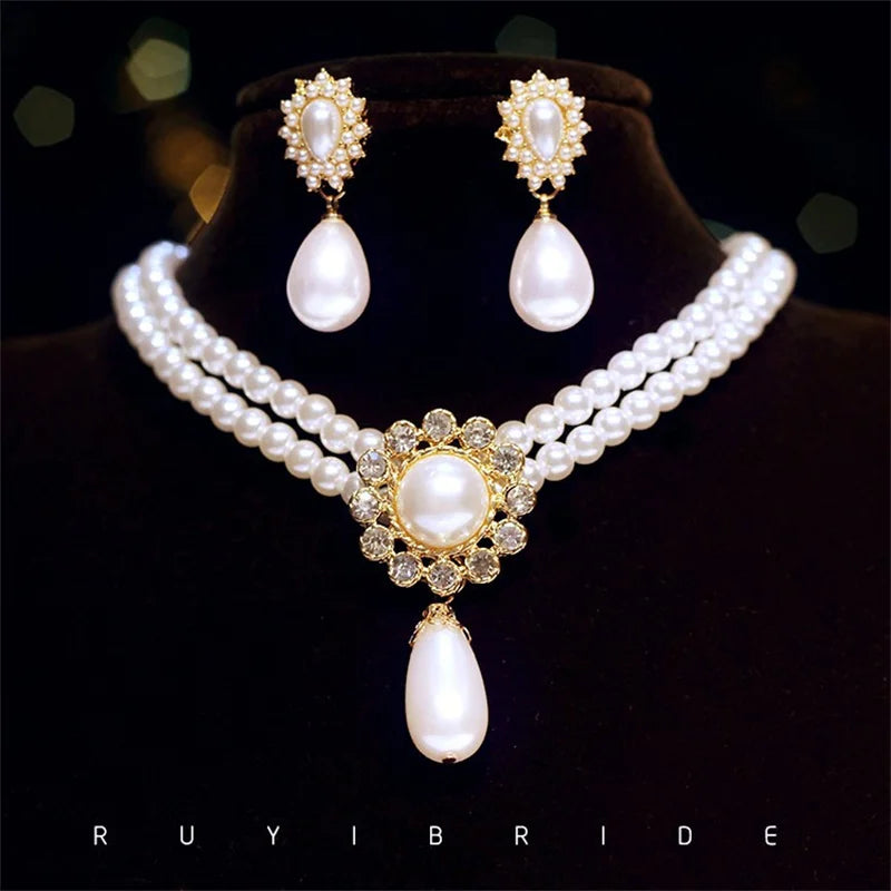 SHMIK Elegant Vintage Palace Full Pearl Pendant Necklace Chains Earrings For Women Lady Classic Exquisite Chorker Chains Jewelry