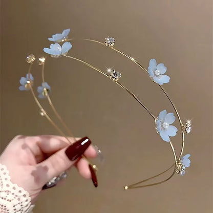 New Double Layer Metal Hairband Flower Pearl Headband for Women Headwear Shiny Rhinestone Hair Band Hoop Hair Accessories