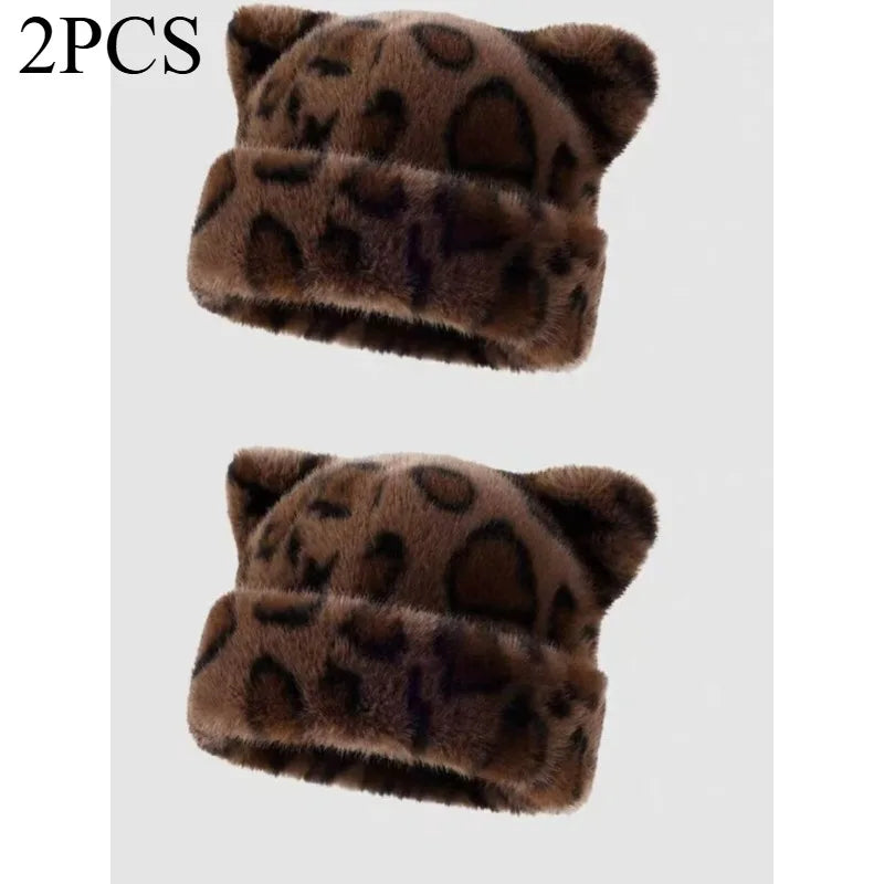 Leopard print plush teddy bear hat for women, sweet and cute, thick and warm, retro and versatile, hooded beanie.