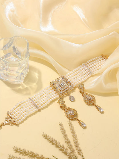 Moroccan Women's Pearl Jewelry Set Luxurious Vintage Style Necklace Earrings, Bridal Wedding Party Accessories