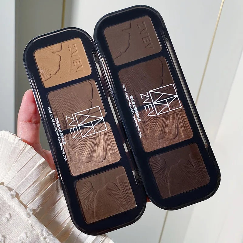 4-in-1 Contour Highlighter Palette Matte Bronzer & Shimmer Highlighter Compact Nose Contour Powder Face Sculpting Makeup Palette