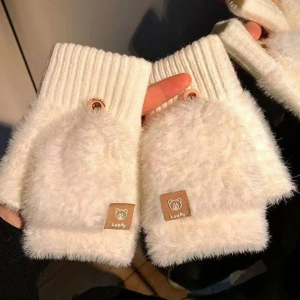 Winter Soft Fleece Half Finger Gloves Plush Knitted Fingerless Gloves Fuzzy Flexible flip Wrist Mittens Student Writting Gloves
