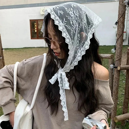 12styles Lace Mesh Triangle Scarf French Country Style Floral Hair Scarf Headwrap for Elegant Women Spring Summer Boho Bandana