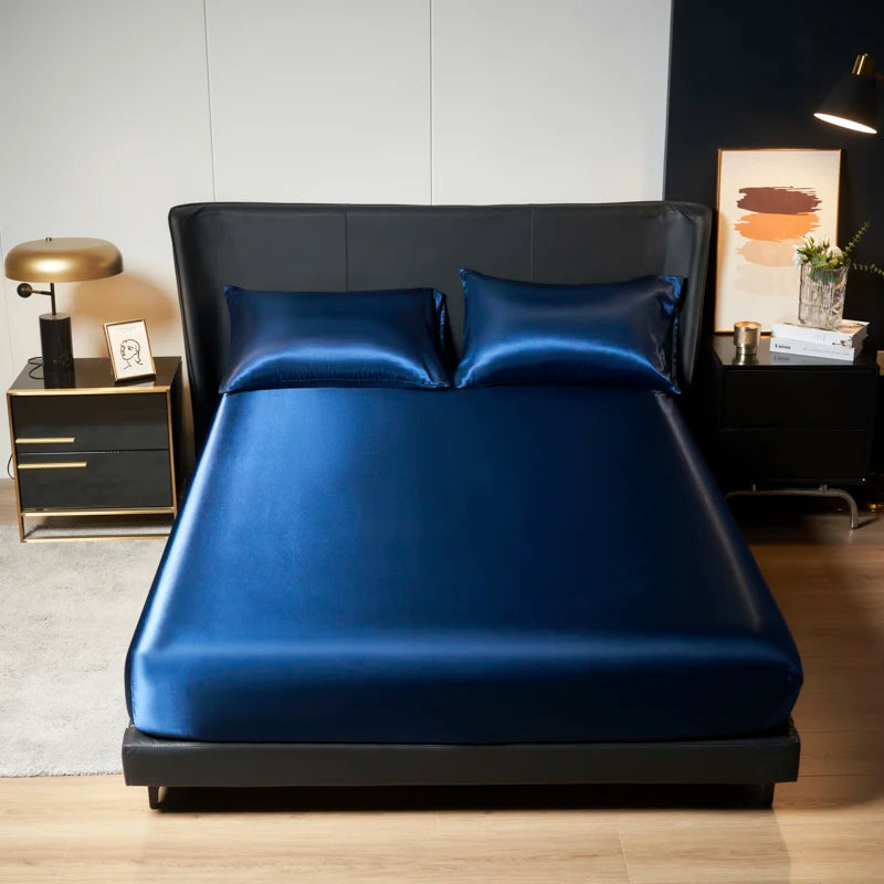 1Pc Satin Fitted Sheet Solid Colour Twin Full Queen Ice Silk Mattress Cover Natural With Elastic Band Bed Sheet (No Pillowcase)